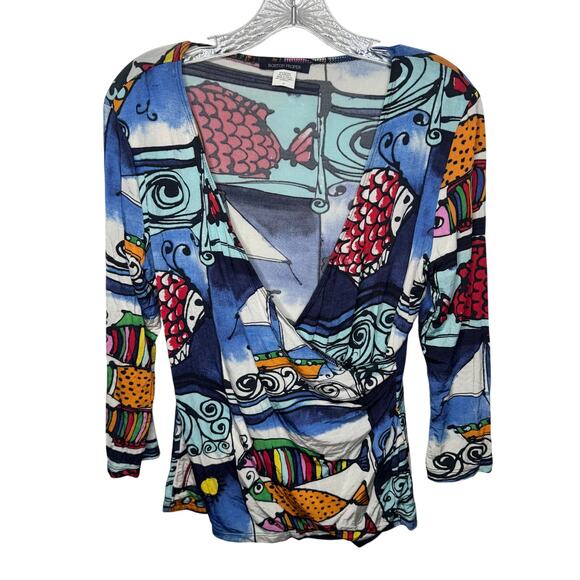 Boston Proper Multicolor‎ Fish Nautical Print Wrap Top Long Sleeve V-Neck Medium - Picture 1 of 7